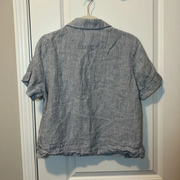 100% European Linen Short Sleeve Shirt blue stripe - Picture 7 of 7